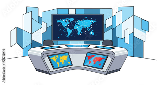 Modern News Broadcast Studio with World Maps and Futuristic Desk