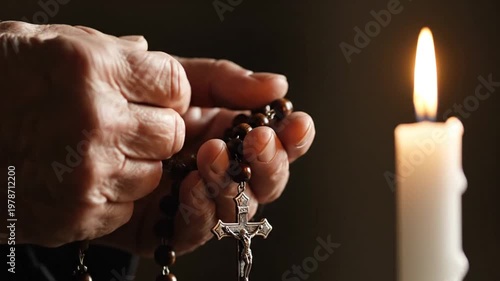Close up of senior hands holding wooden rosary beads praying by a candle
