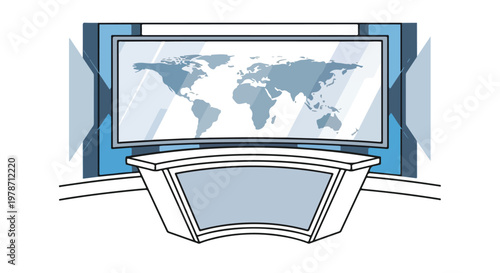 News Broadcast Studio with World Map Backdrop Vector