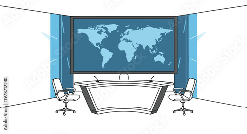News Broadcast Studio with World Map Display
