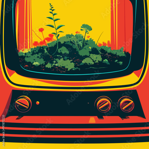 Close-up of a terrarium inside a vintage television set, moss and tiny ferns glowing under soft cathode-ray light.1