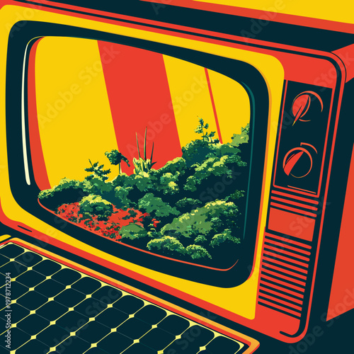 Close-up of a terrarium inside a vintage television set, moss and tiny ferns glowing under soft cathode-ray light.