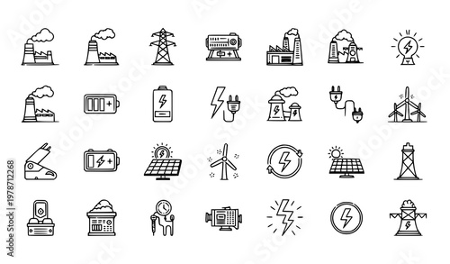 Energy and electric line icons set power plant generator symbols editable stroke vector illustration