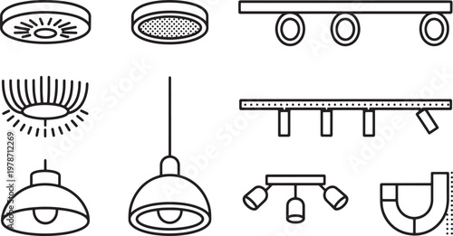 Set of modern ceiling and track lights and pendant lamps, contemporary interior lighting collection flat vector icon set.