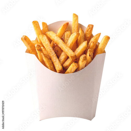 French fries in paper box isolated transparent background crispy fast food snack for packaging design
