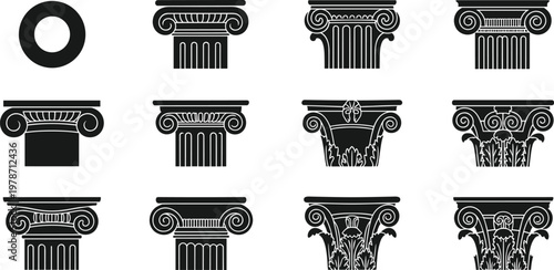 Ancient, Greek, and, Roman, column, capital, silhouette, set, including, Ionic, Corinthian, and, Doric, architectural, orders, isolated, on, white, background, for, classical, design.