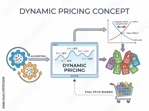 Dynamic Pricing Concept Illustration Showing Algorithm Input and Price Tag Output.