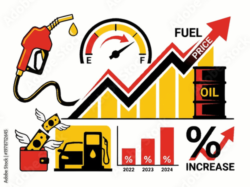 Illustration depicting rising fuel and oil prices with a gas pump, gauge, money, and growth charts.
