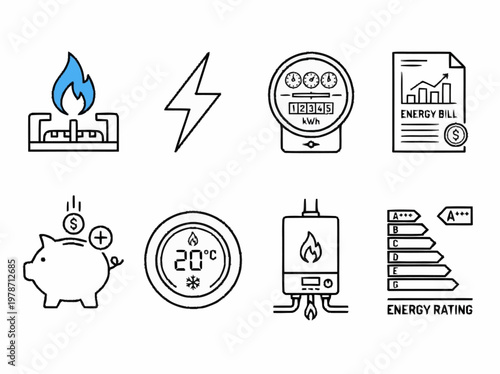 A collection of line art icons representing various aspects of energy consumption, efficiency, and savings.