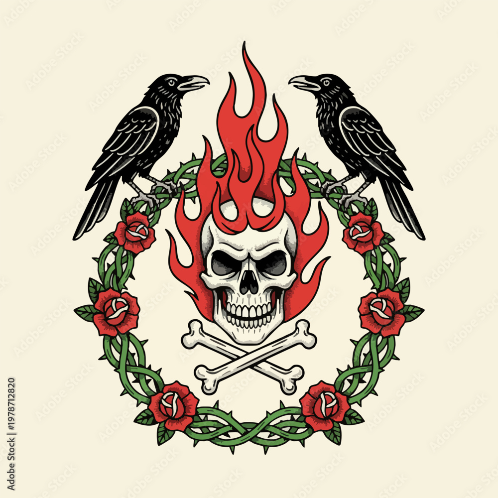 Fototapeta premium Vintage Burning Skull and Ravens Tattoo Style Illustration