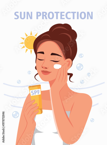 Vector illustration of a happy woman applying SPF sunscreen to her face on a sunny day demonstrates proper sun protection. Ideal for skin care, cosmetics, health campaigns, beauty blogs