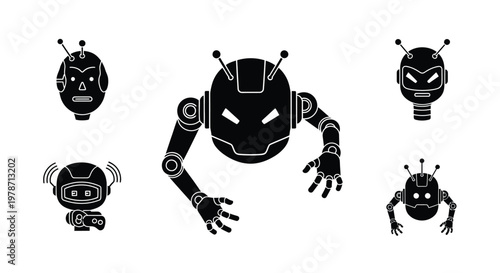Five robotic head designs arranged on a white background a stark silhouette