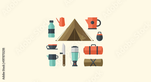 A clean flat vector illustration featuring a brown tent surrounded by essential camping gear like a lantern, sleeping bag, and water bottle.