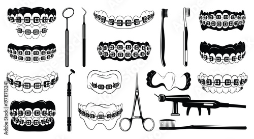 Dental tools and orthodontic appliances arranged in a black graphic silhouette