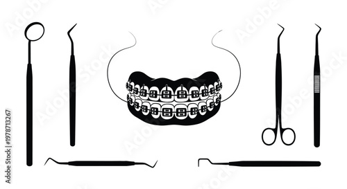 Dental tools and braces illustration against a white background a striking silhouette