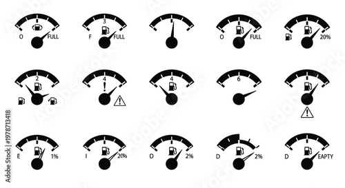 Multiple fuel gauge icons displaying varying levels a stark black silhouette
