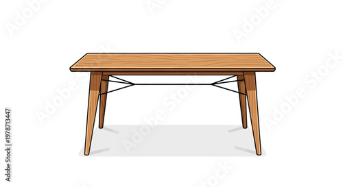 A minimalist illustration of a wooden dining table with distinctive angled legs and a black support structure