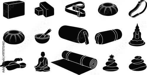 Yoga, accessories, icons, set, featuring, mats, blocks, straps, bolsters, meditation, stones, silhouettes, collection, wellness, fitness, zen, equipment, illustration, vector, graphic, spa, design.