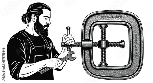 A man tightening a large metal clamp with a wrench in his hands
