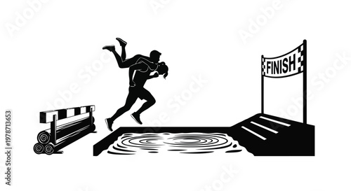 Black silhouette of a man jumping over a hurdle in a triathlon with a finish line and a