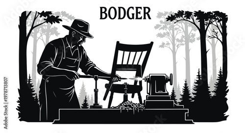 A black and white illustration of a bodger at work in a forest