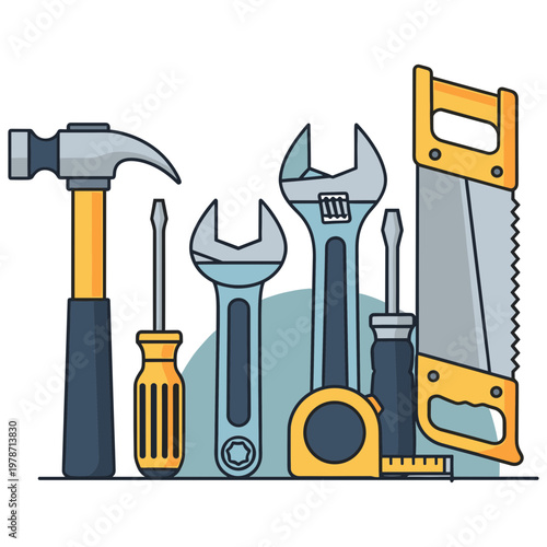 A set of tools including a hammer, screwdrivers, wrenches, and a saw on a workbench in a workshop.