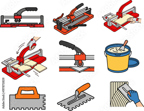 Ceramic tile installation tools set with manual cutter trowel and mortar bucket vector illustration