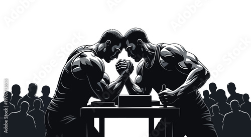 Two muscular men engaged in an arm wrestling match on a table with a crowd watching