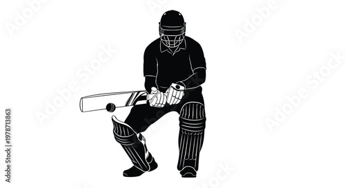 Cricket player in action with bat and protective gear