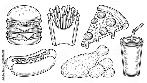 Vector illustration set of fast food items in detailed line art style: burger with layers, french fries in carton, pizza slices, hot dog, fried chicken, nuggets, soda cup with straw. Focus on rich int