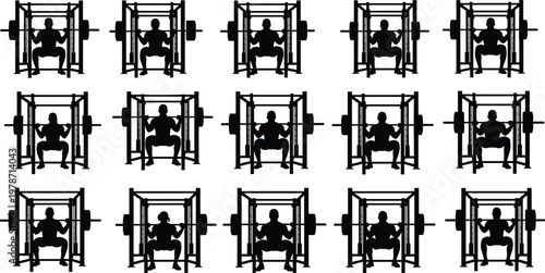 Weightlifting power rack silhouettes, barbell squat exercise collection, fitness gym training icons, bodybuilding leg day workout vectors, strength athletics equipment, athlete silhouettes,