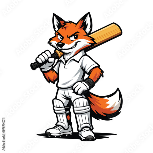 Cartoon fox in cricket gear holding bat