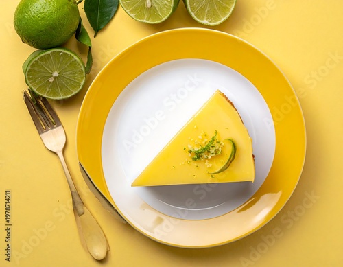 Overhead shot of a slice of glazed cake on a yellow and white plate, accompanied by limes and a fork