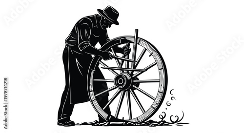Black and white illustration of a man fixing a large wagon wheel