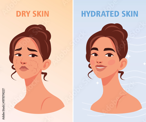 Vector illustration, damaged dry skin and healthy skin. Portrait shows a woman with skin problems, dryness, and irritations, the other has a smooth, radiant complexion. For care products, beauty blogs