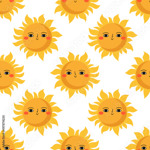 Seamless pattern with cute sun. Simple smiling sun shapes repested on white background. Perfect for kids summer design. Flat vector illustration.
