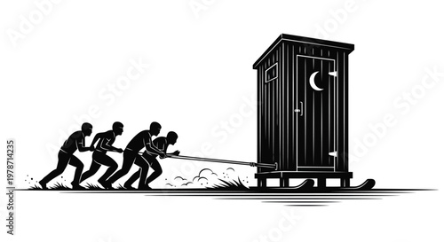 Black silhouette of people pulling a portable toilet on sleds