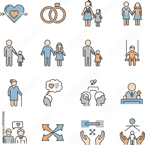 Social Psychology, Relationships, and Family Support Flat Line Icon Set