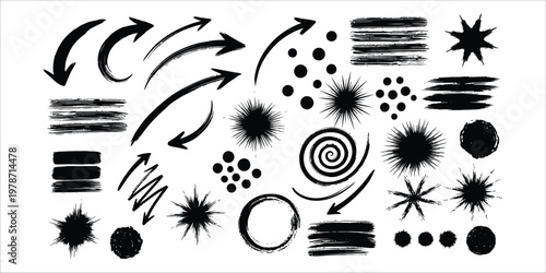 Black brush strokes and arrow collection artistic elements for design projects