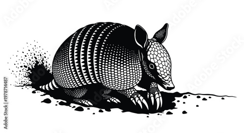 Black and white illustration of an armadillo digging in the ground with intricate patterns