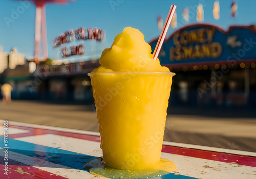 Yellow frozen slushy drink in a plastic cup at Coney Island summer fair