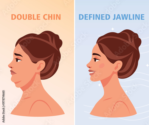Vector illustration, double chin before, after. Woman in profile double chin, another portrait woman with beautiful chin smooth outlines. For advertising skin care products, cosmetics, beauty products