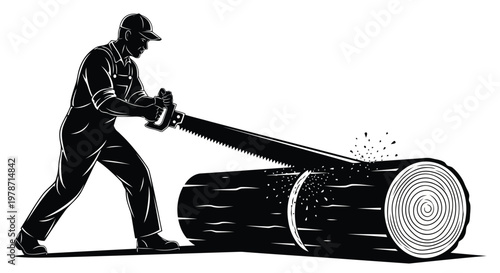 Man in a cap using a chainsaw to cut a log