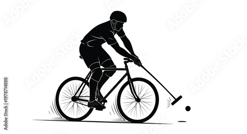 A black silhouette of a person riding a bicycle while playing field hockey