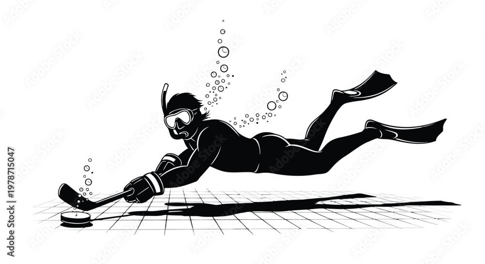 Fototapeta premium Scuba diver playing underwater hockey with a puck and stick