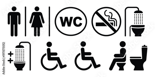 Public restroom icons including male, female, WC, shower, accessible, no smoking, and toilet symbols, vector set for wayfinding, facility signs, and public space navigation design.