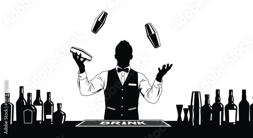 Bartender juggling cocktail shakers behind bar with bottles and glasses