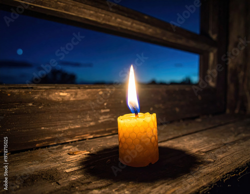 Flickering beeswax candle rustic setting cinematic photograph evening light close-up view serenity and warmth
