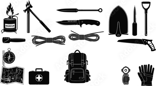 Survival, gear, collection, featuring, backpack, knife, shovel, saw, first, aid, kit, compass, map, rope, gloves, axe, magnesium, fire, starter, silhouettes, vector, icons.