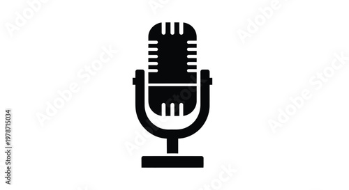A simple black silhouette illustration depicts a vintage style microphone on a white background
